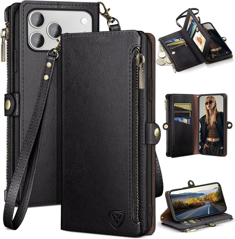 XcaseBar compatible with iPhone 17 Pro Max 6.9" Wallet case with Zipper Credit Card Holder【RFID Blocking】,Flip Folio Book PU Leather Phone case Shockproof Cover Women Men for Apple 17ProMax case Black - Image 1